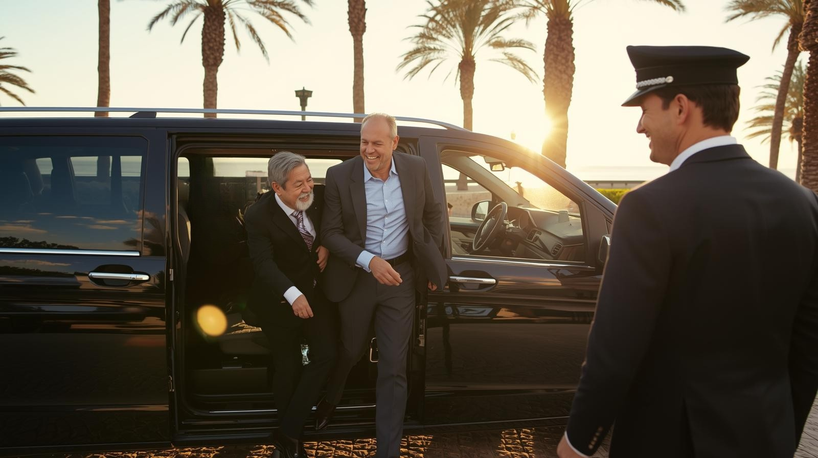 Traslados Alicante private chauffeur service welcoming business travellers to a premium electric vehicle at sunset.
