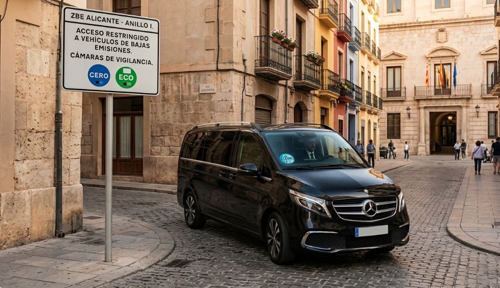 Vehículo Mercedes Clase V de Traslados Alicante con etiqueta CERO emisiones circulando junto a una señal de la ZBE Alicante en el Casco Antiguo.
