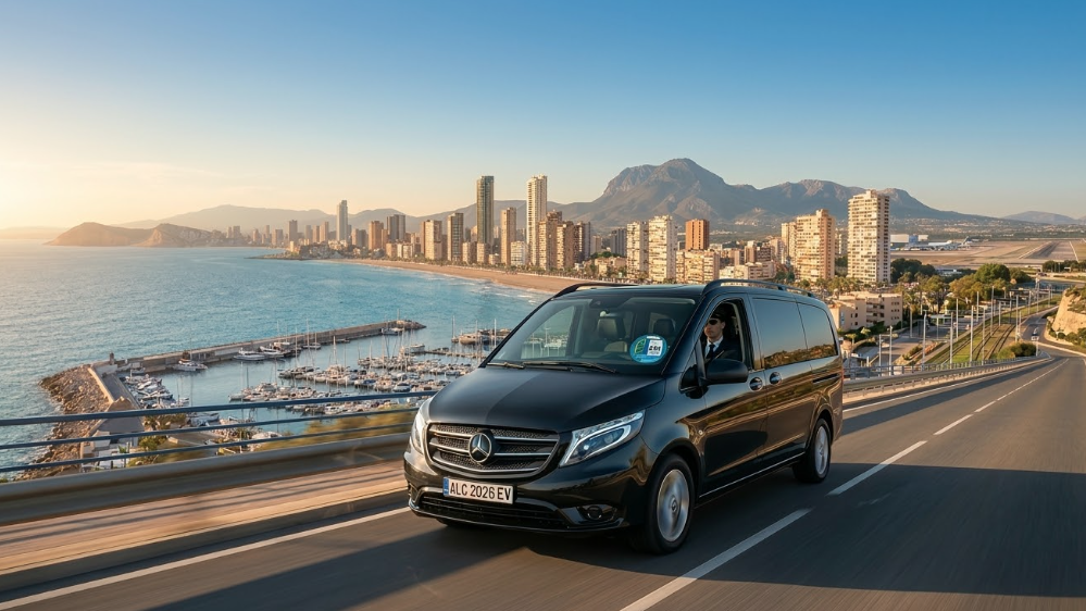 Premium electric van for Alicante to Benidorm transfer with private chauffeur, eco-luxury and zero emissions