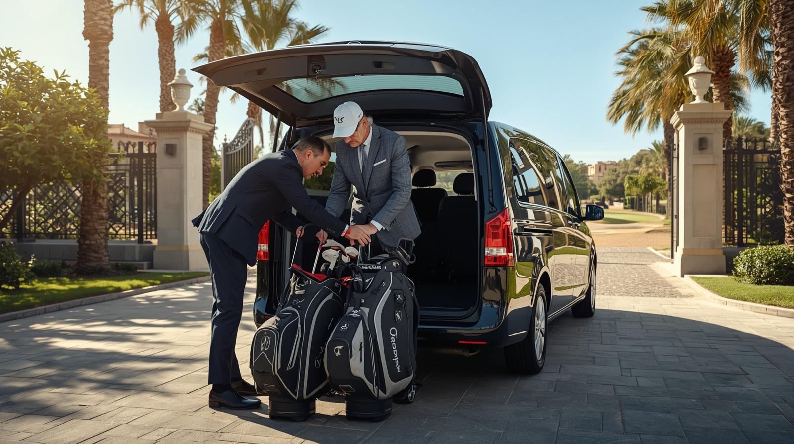 Chófer privado ayudando a cargar bolsas de golf en el amplio maletero de una furgoneta Mercedes Clase V negra para un traslado de lujo en Alicante.