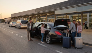 Transfer Aeropuerto Alicante en Mercedes Clase S: un conductor privado ayuda a una familia con su equipaje frente a la terminal al atardecer.
