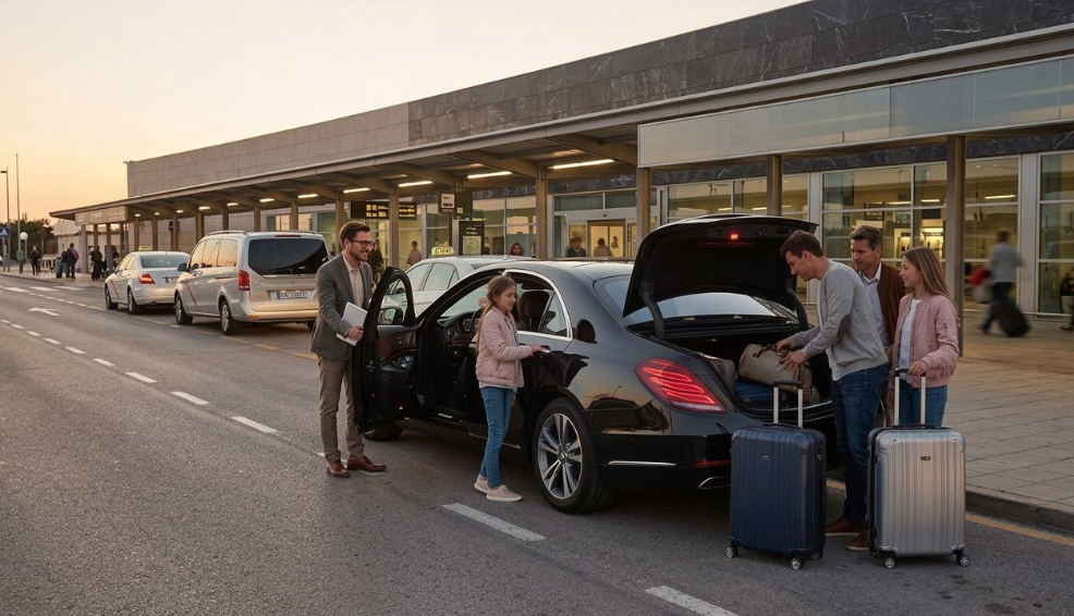 Transfer Aeropuerto Alicante en Mercedes Clase S: un conductor privado ayuda a una familia con su equipaje frente a la terminal al atardecer.